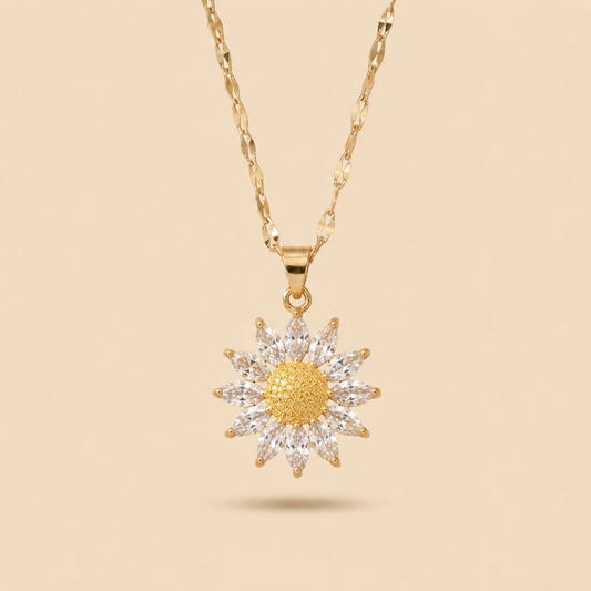 Collier tournesol avec zircons en acier et or 18 carats