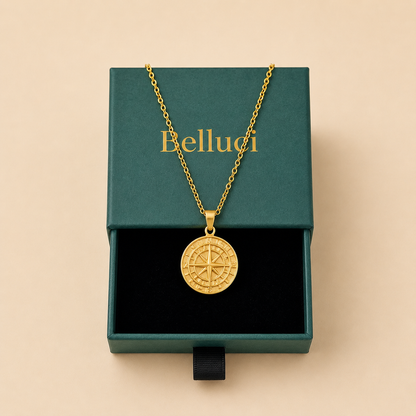 Collar de rosa de los vientos para hombre dorado en acero y oro 18k