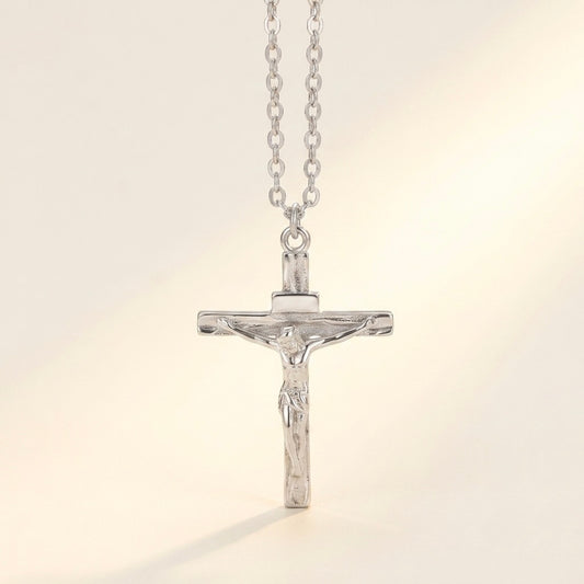 Collar de crucifijo para hombre plateado en acero inoxidable 316L
