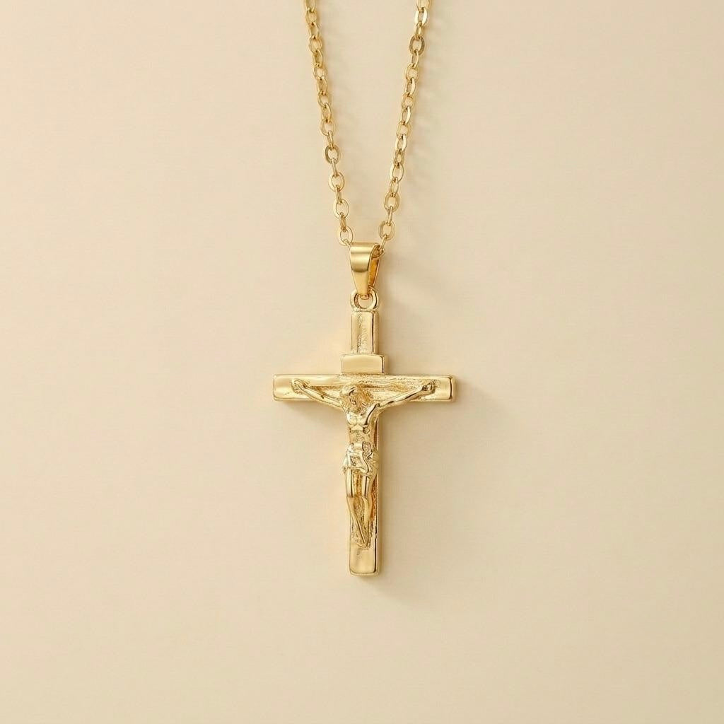 Collar de crucifijo para hombre dorado en acero y oro 18k