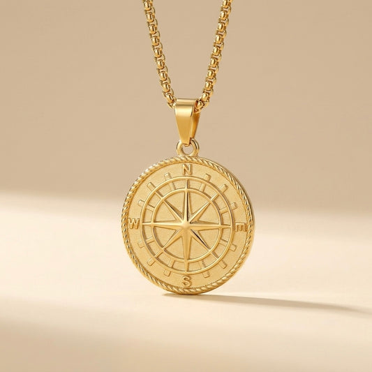 Collar de rosa de los vientos para hombre dorado en acero y oro 18k