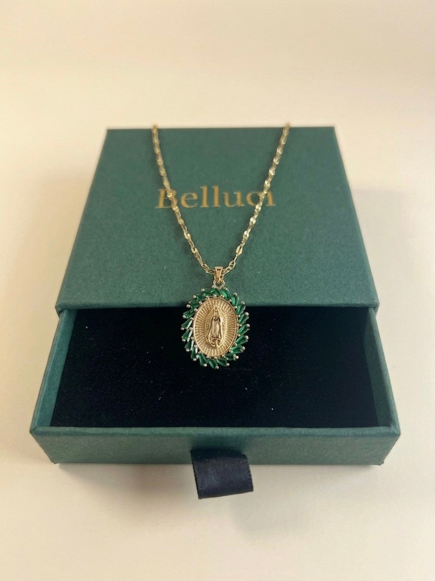 Colar de Nossa Senhora com zircónias verdes em ouro 18k