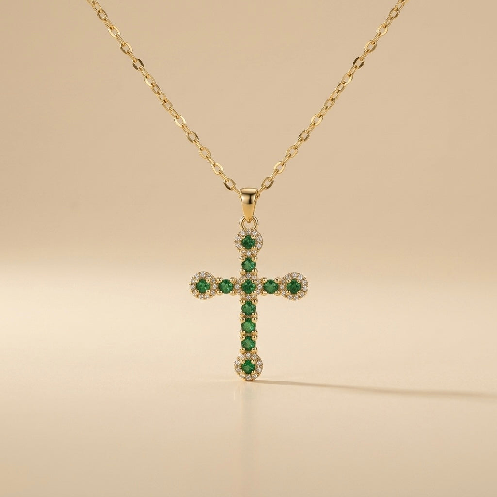 Colar de cruz com zircónia verde em aço e ouro 18k