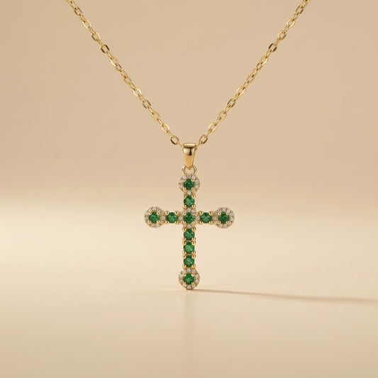 Collar de cruz con circonita verde en acero y oro 18k