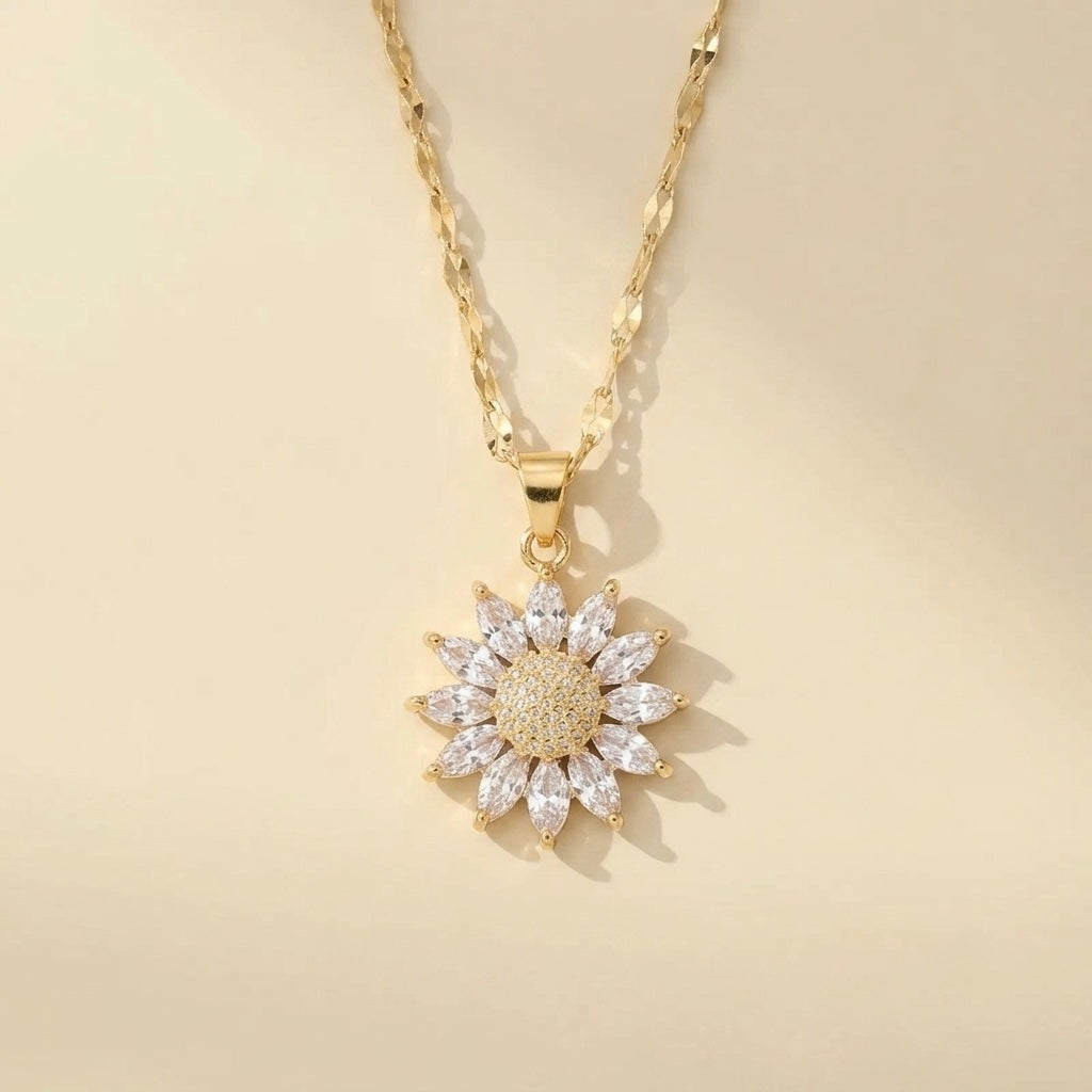 Colar de girassol com zircónias em aço e ouro 18k