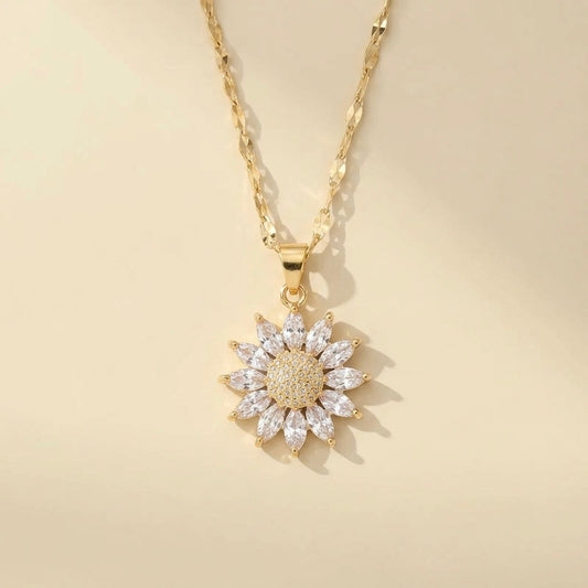 Collar de girasol con circonitas en acero y oro 18k