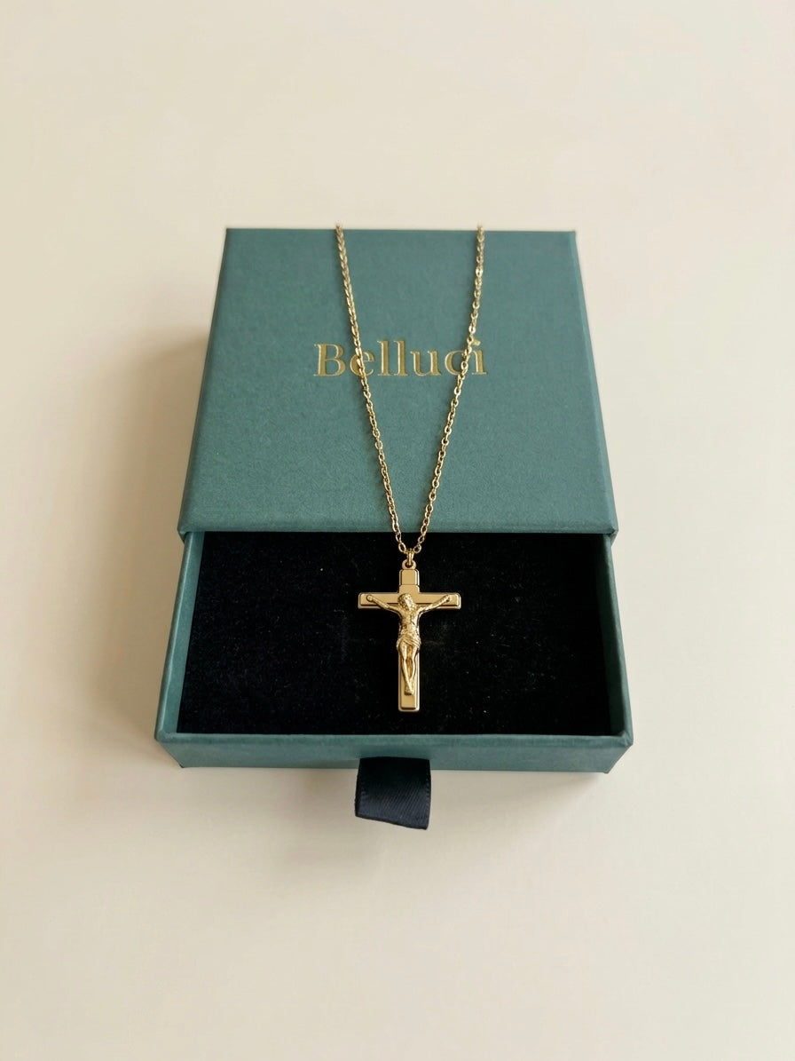 Colar de crucifixo para homem dourado em aço e ouro 18k