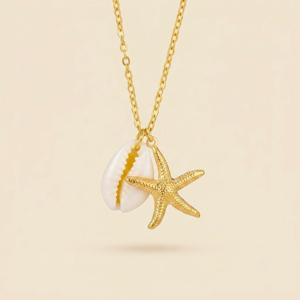 Collar de estrella de mar y caracola en acero y oro 18k