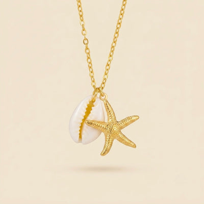 Collier étoile de mer et coquillage en acier et or 18 carats
