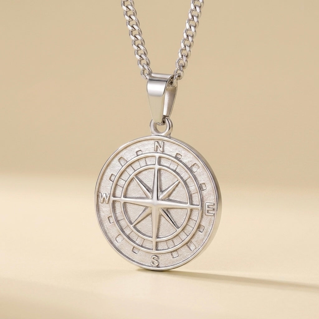 Collar de rosa de los vientos para hombre plateado en acero inoxidable 316L