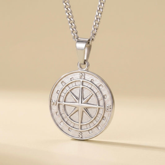 Collar de rosa de los vientos para hombre plateado en acero inoxidable 316L