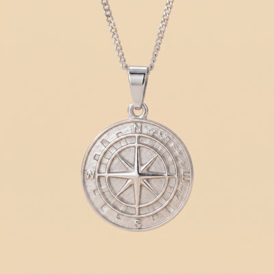 Collier pendentif rose des vents pour homme en acier inoxydable 316L argenté