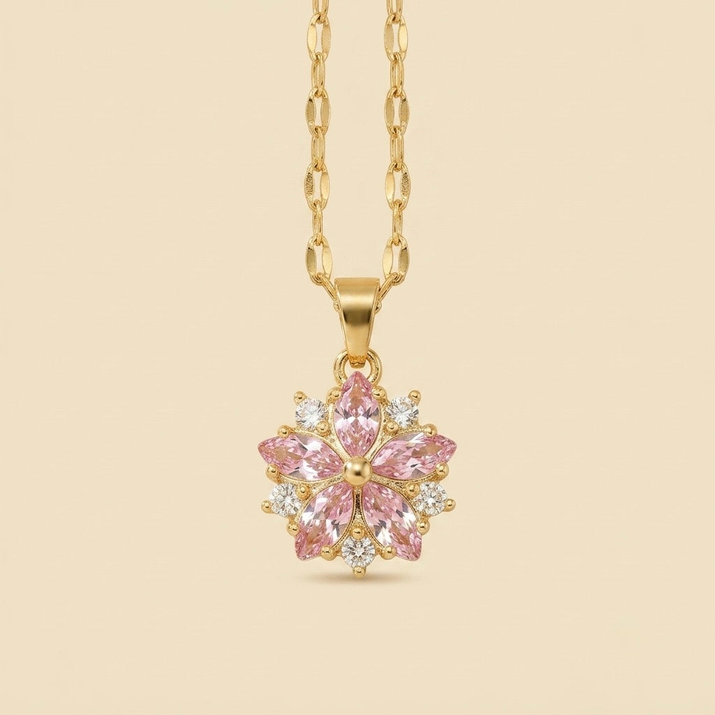 Collar de flor de cerezo con circonitas en oro 18k