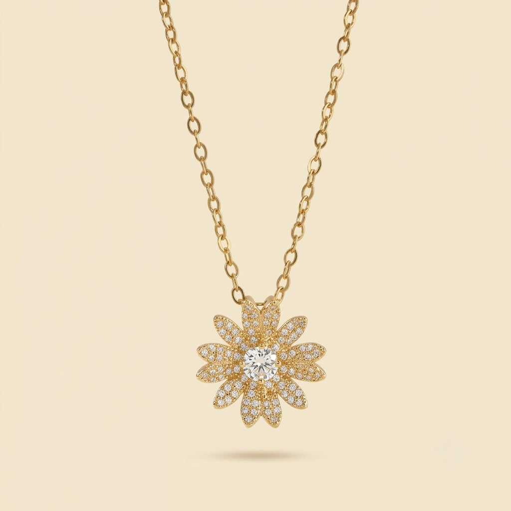 Collar de flor con circonita dorado en acero y oro 18k