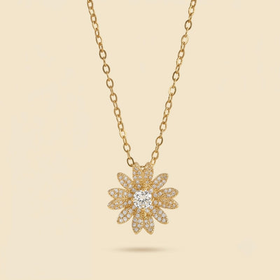 Collier fleur avec zircone doré en acier et or 18 carats