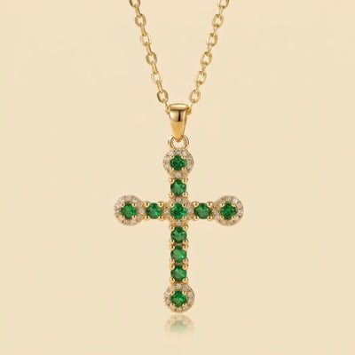 Collier croix avec zircon vert en acier et or 18k