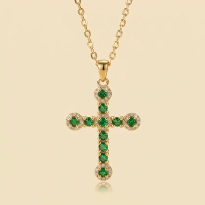 Collar de cruz con circonita verde en acero y oro 18k