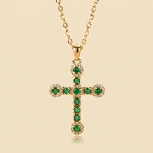 Collar de cruz con circonita verde en acero y oro 18k