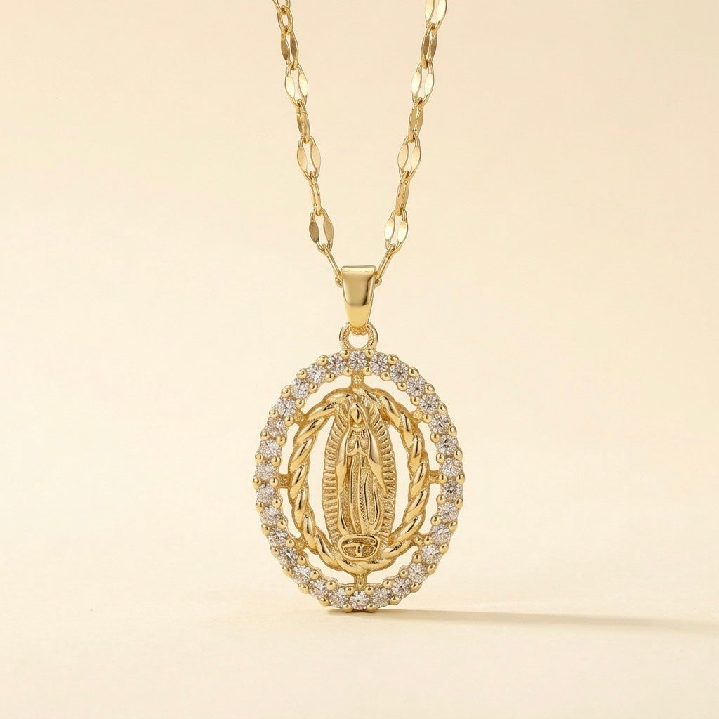 Collar de santos dorado con circonitas en acero y oro 18k