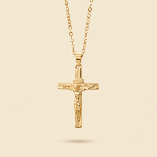 Collier crucifix pour homme doré en acier et or 18 carats