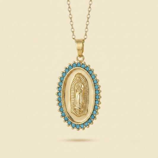 Collar de la Virgen con circonitas azules en oro 18k