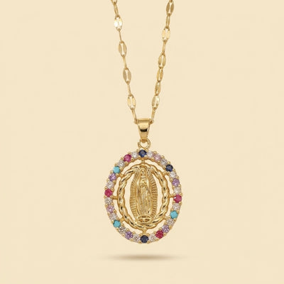 Collier Vierge avec zircons colorés en or 18 carats
