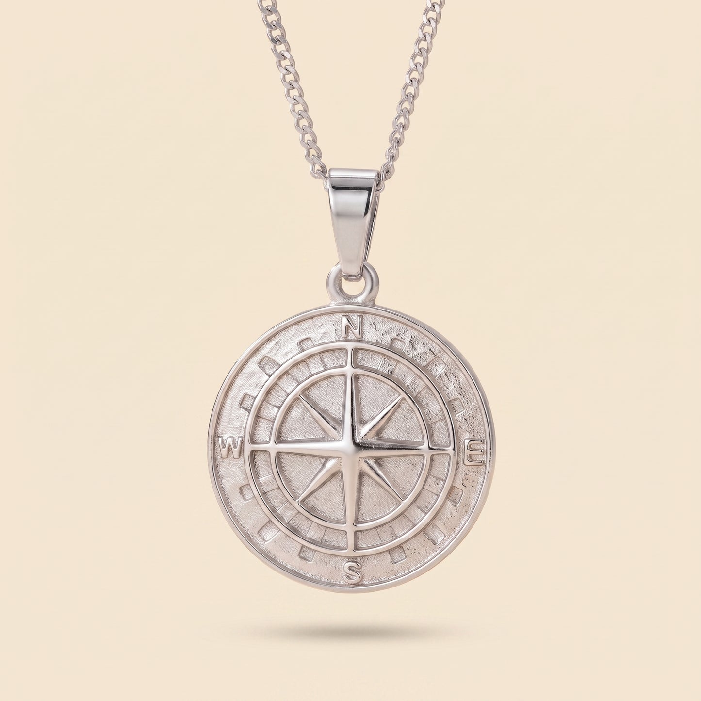 Collar de rosa de los vientos para hombre plateado en acero inoxidable 316L