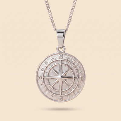 Collar de rosa de los vientos para hombre plateado en acero inoxidable 316L