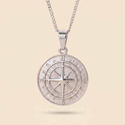 Collar de rosa de los vientos para hombre plateado en acero inoxidable 316L