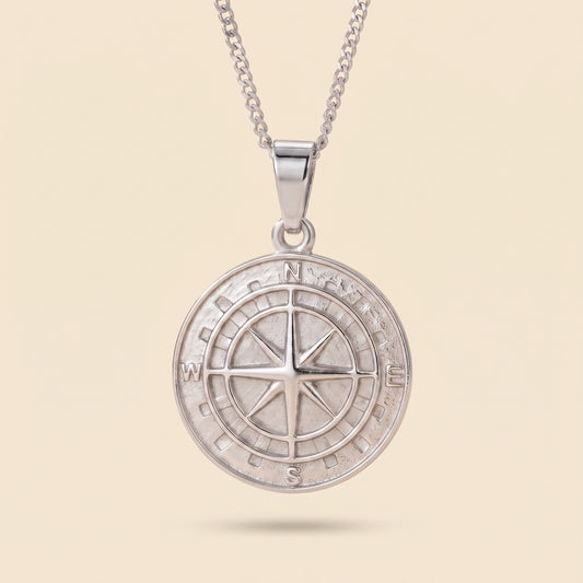 Collar de rosa de los vientos para hombre plateado en acero inoxidable 316L