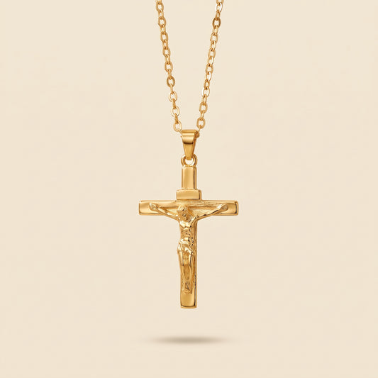 Collar de crucifijo para hombre dorado en acero y oro 18k