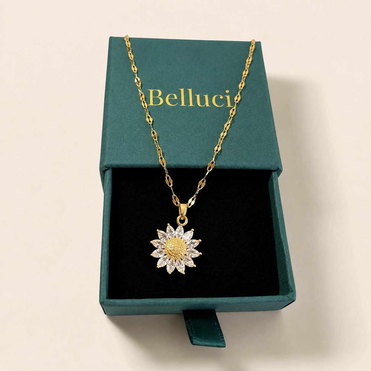 Collar de girasol con circonitas en acero y oro 18k