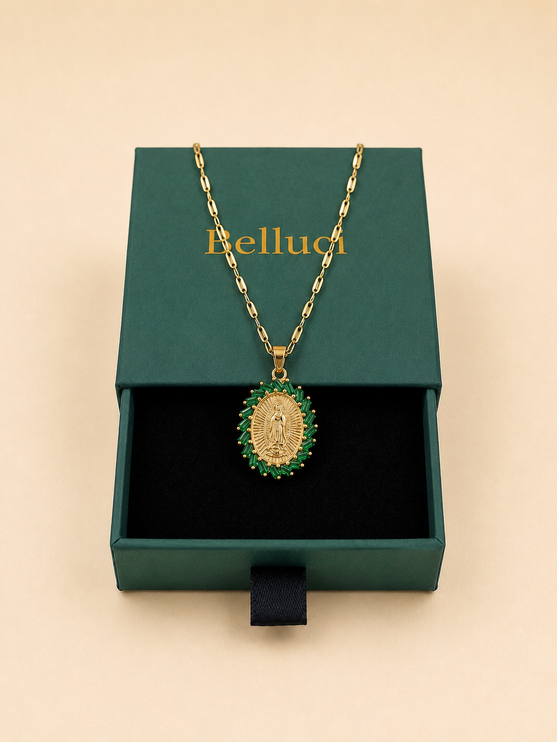 Collar de la Virgen con circonitas verdes en oro 18k