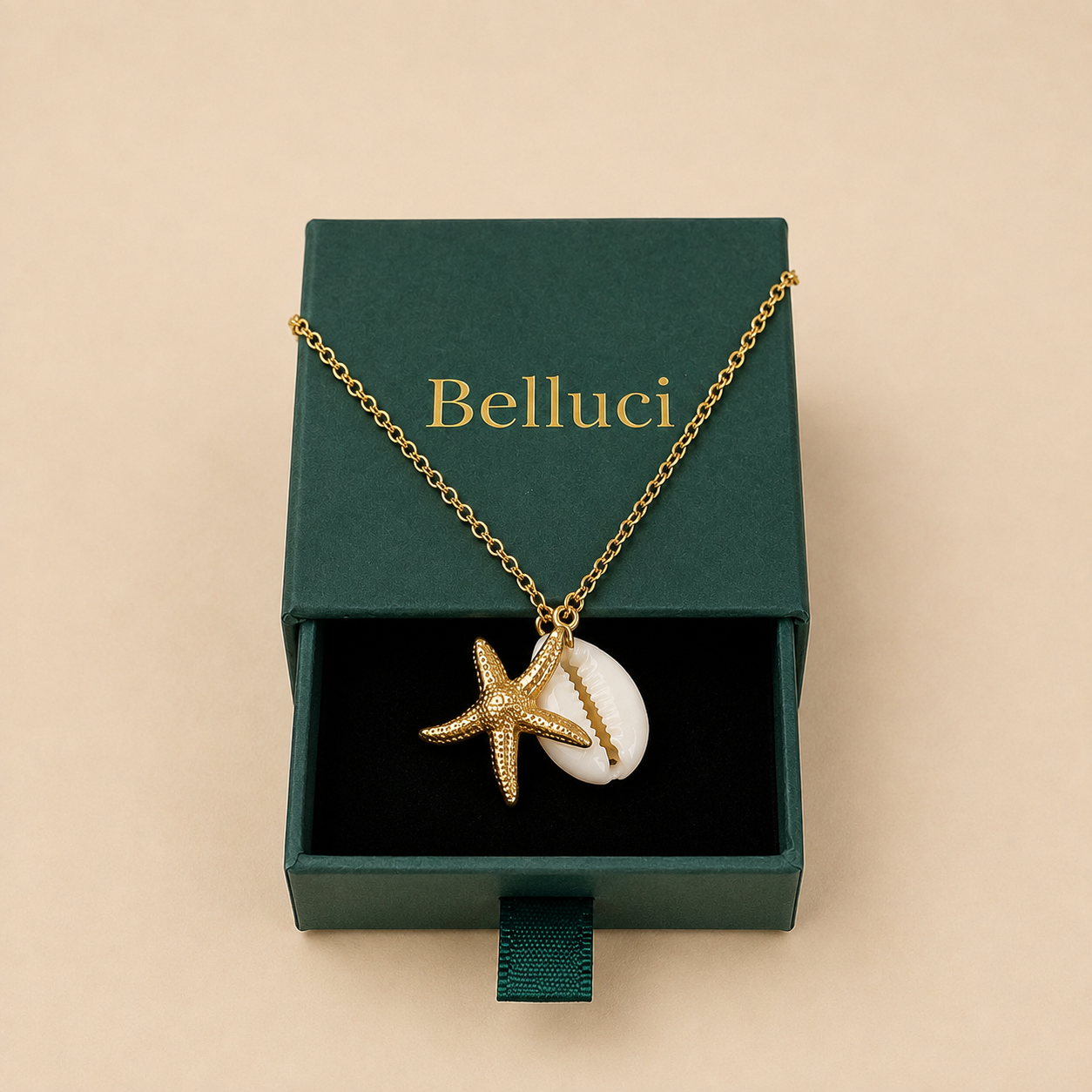 Collar de estrella de mar y caracola en acero y oro 18k
