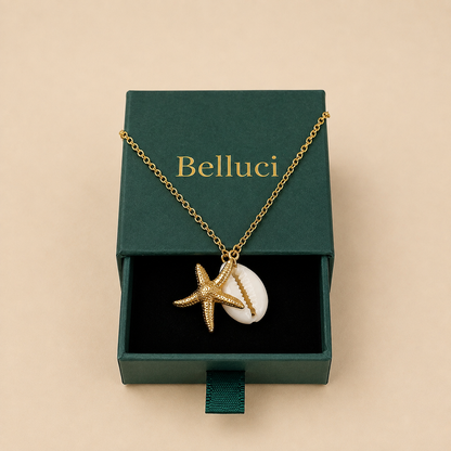 Collar de estrella de mar y caracola en acero y oro 18k