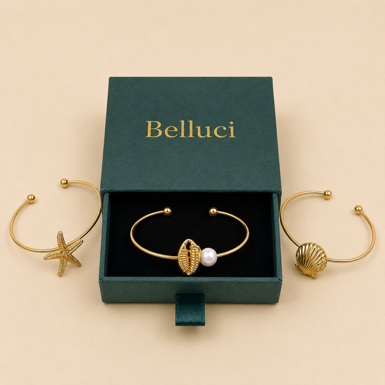 Pack de 3 pulseras de playa: concha, caracola y estrella de mar