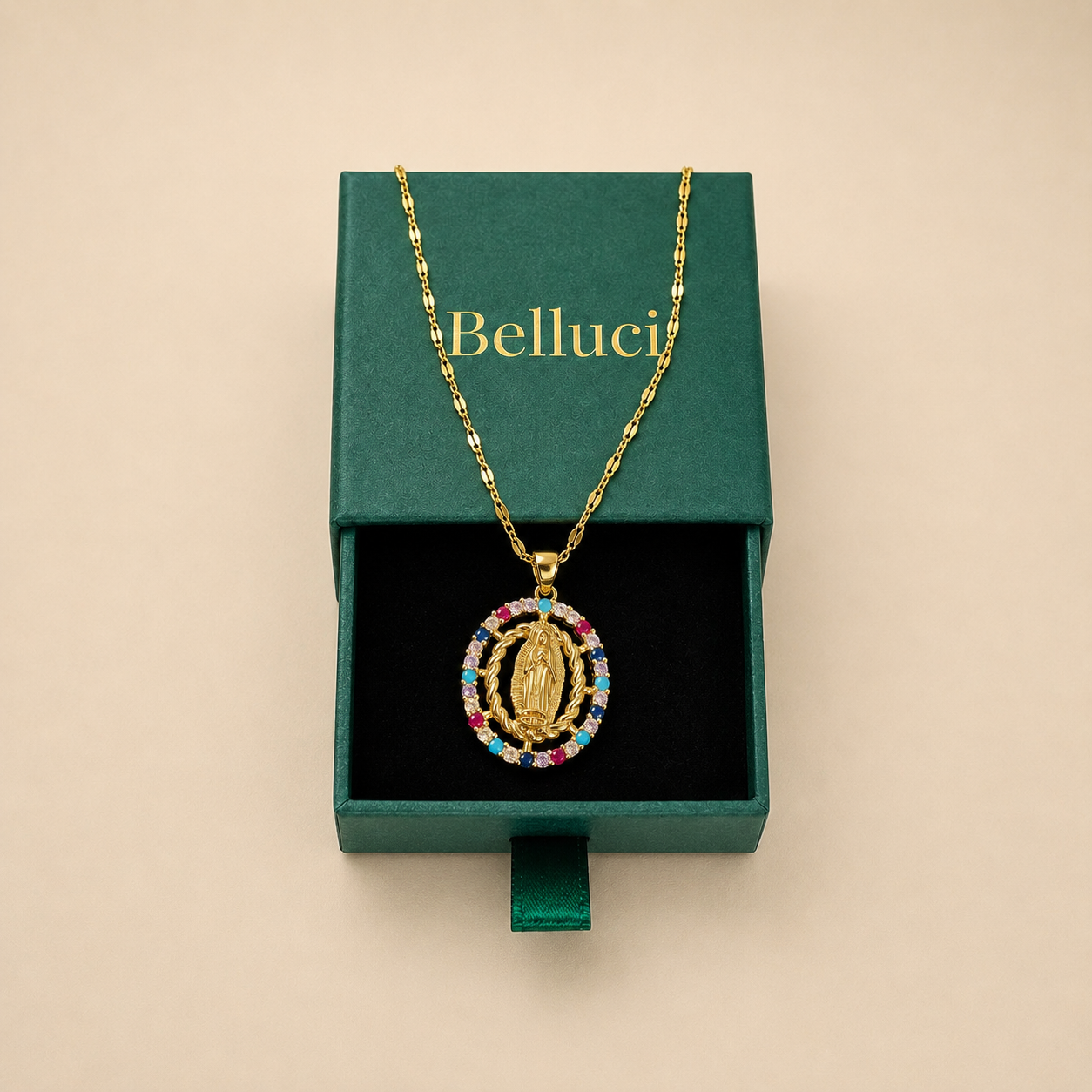 Collar de la Virgen con circonitas de colores en oro 18k